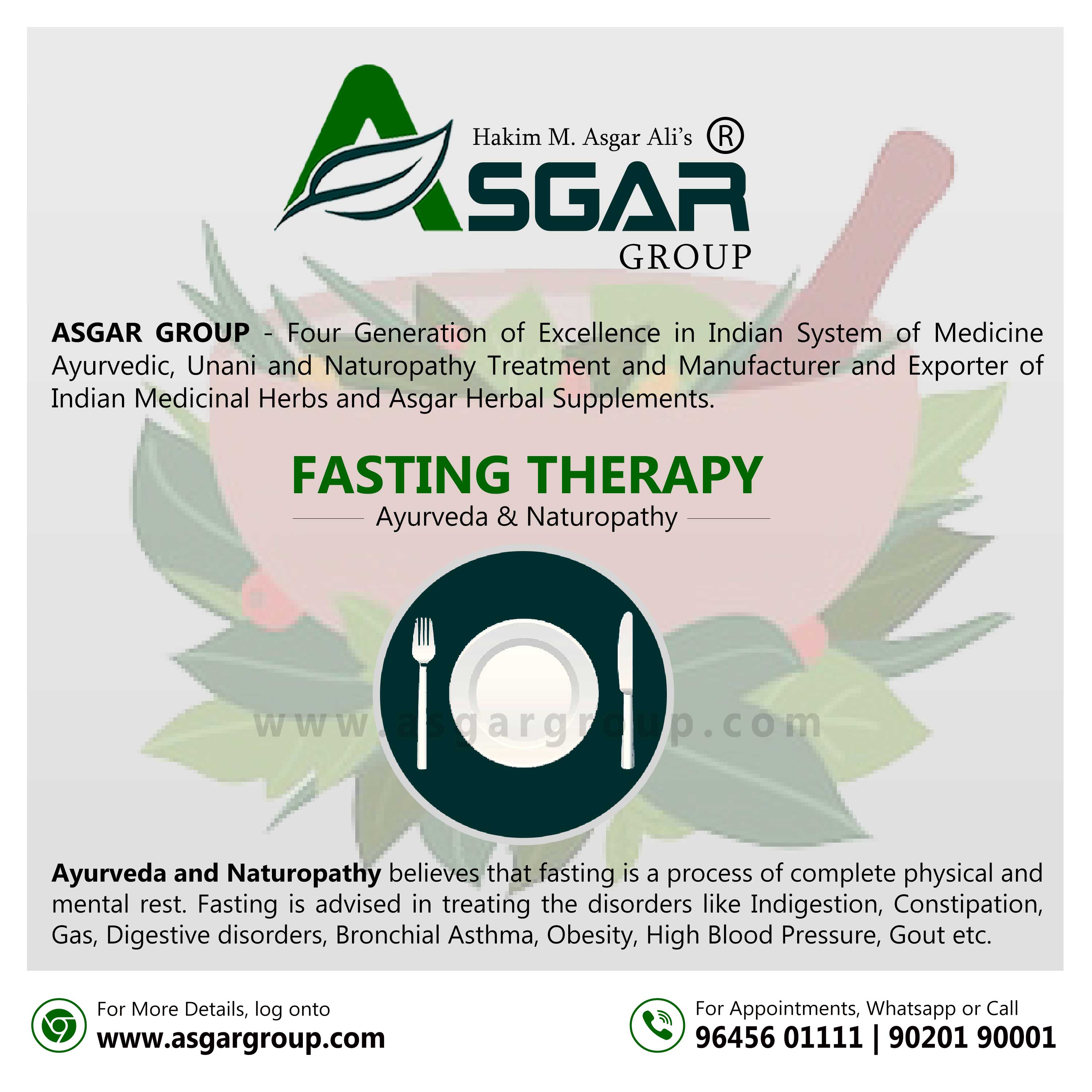 Fasting Therapy Naturopathy specialist tamilnadu Ayurveda detoxification treatment kerala asgar group india