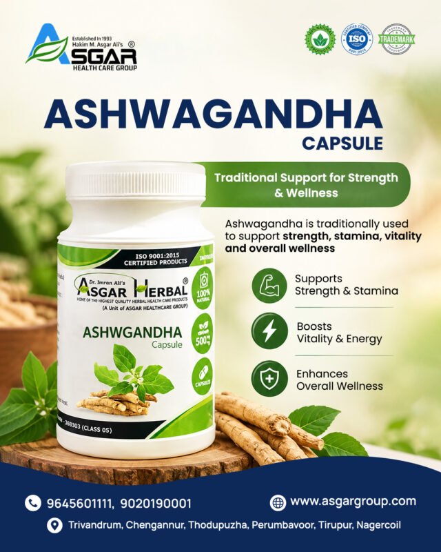 Ashwagandha Capsule for geneal debility sexual health stress reliver asgar herbal products kerala